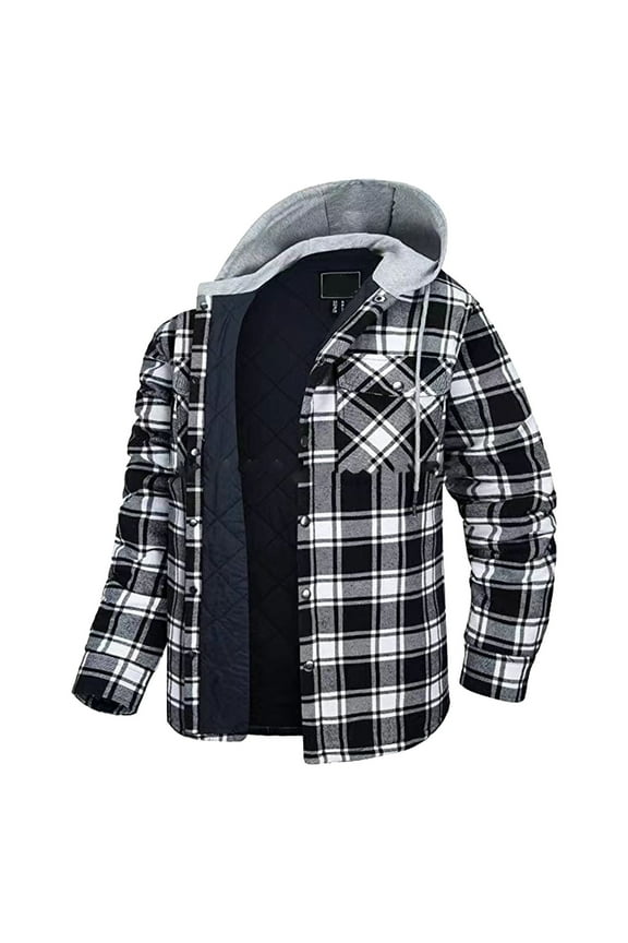 Men Lined Hooded Flannel Shirt Plaid Button Down Long Sleeve Winter Soft Fleece Warm Coat
