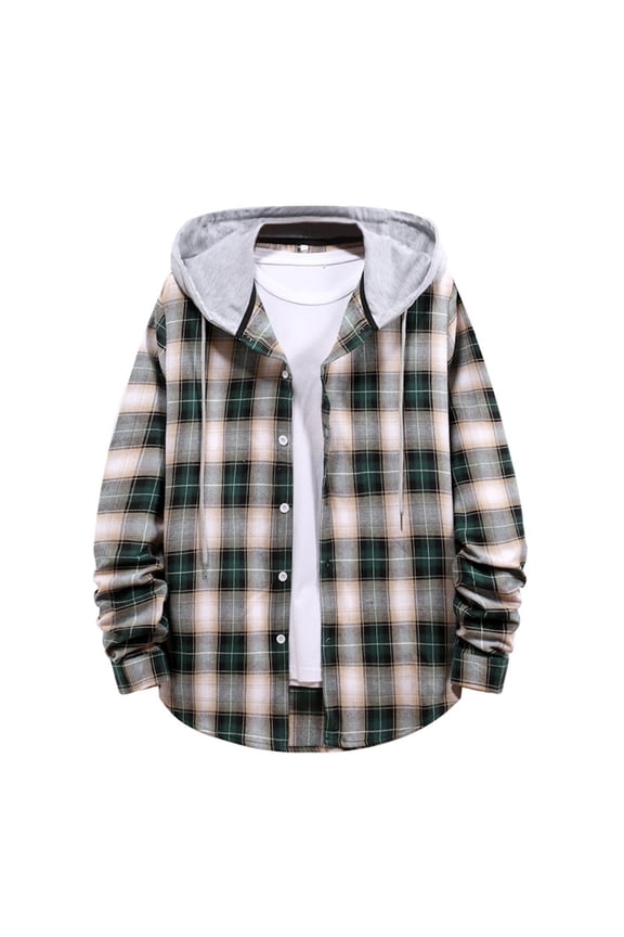Men Long Sleeve Quilted Lined Flannel Shirt Button Down Plaid Hoodie Lightweight Jacket