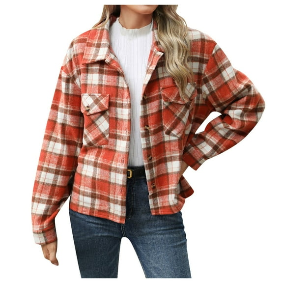 Futezty Plaid Flannel Shirt Long Sleeve Collar Button Down Blouses Tops for Women