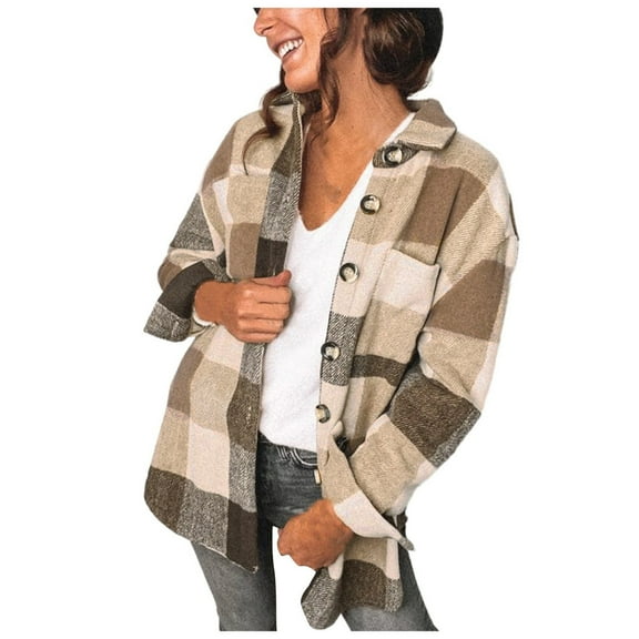 Futezty Plaid Shirts Long Sleeve Flannel Lapel Button Down Cardigan Boyfriend Shacket Jacket Coats