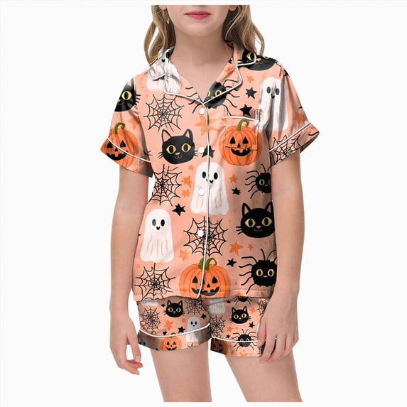 Futezty Pumpkin Ghost Pajamas for Girl Boy Halloween Short Sleeve Shorts Silk Pj Sets Kids Halloween Lounge Sleepwear 2T-13T