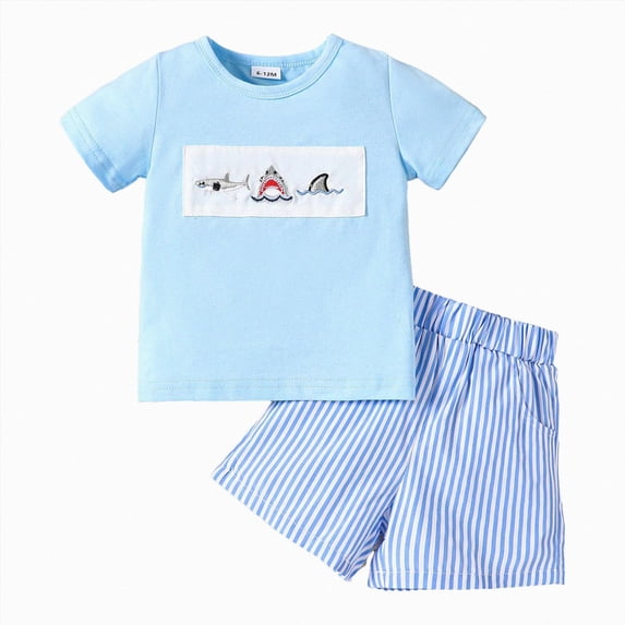 Futezty Toddler Baby Boy Clothes Summer Outfit Embroidery Trucks Smocked Shirt T-Shirt Gingham Shorts 12 18 24 Month 2T 3T