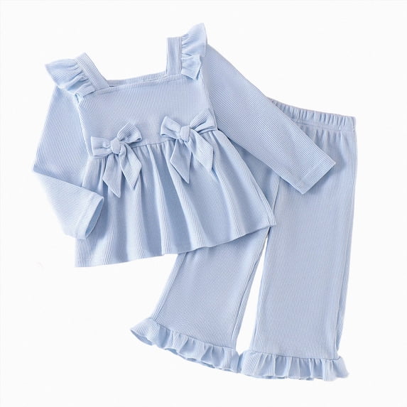 Futezty Toddler Baby Girl Clothes Soft Cotton Outfits Set Ruffle Sleeve Bowknot Sweatshirts & Flared Pants Cute Home Outdoor 18M-5T