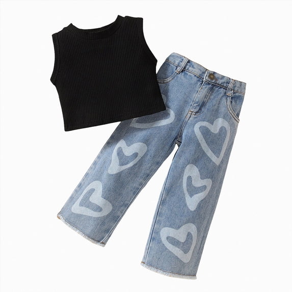 Futezty Toddler Baby Girls Clothes Fall Winter Ribbed Tank Top Little Kids Girl Denim Outfits Love Heart Jeans Pants 12M-6T