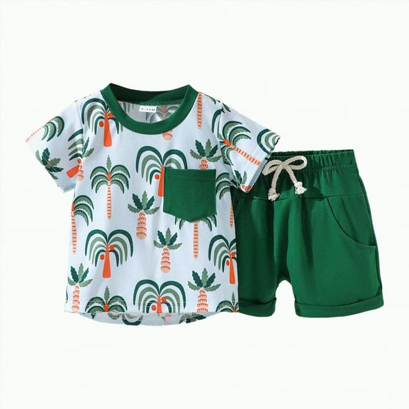 Futezty Toddler Boys Clothes Summer Outfit Sets, Baby Boys Summer Outfits Set Short Sleeve Contrast Color T-shirt with Shorts 2pcs Clothes Beach Printed Boys Suits