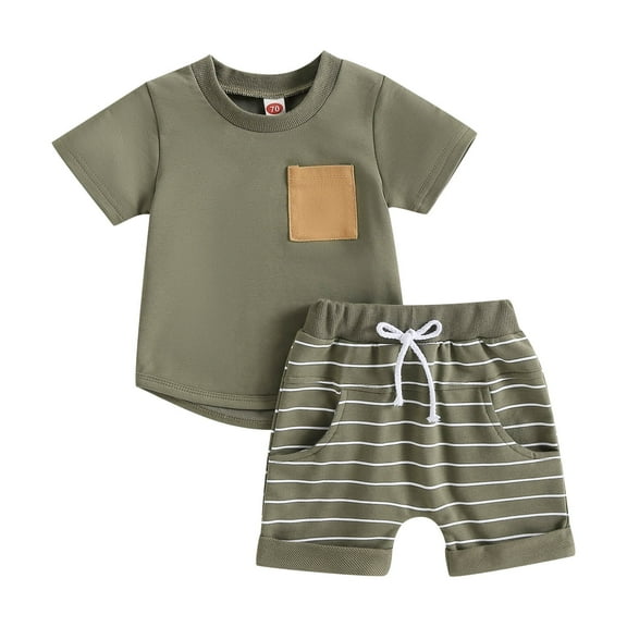 Futezty Toddler Boys Clothes Summer Outfit Sets, Toddler Boy's Short Sleeve T-Shirt & Striped Shorts, 2-Piece Set
