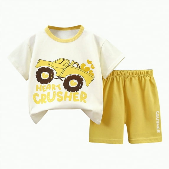 Futezty Toddler Boys Clothes Summer Outfit Sets, Toddler Kids Baby Boy Short Sleeve Pattern Shirt Tops+ Denim Pants Set Boys' Girls' T Shirts Baby Summer Clothes Solid Color Short Sleeved Shorts Suit