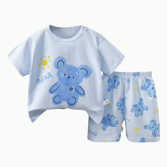 Futezty Toddler Boys Clothes Summer Outfit Sets, Toddler Kids Baby Boy Short Sleeve Pattern Shirt Tops+ Denim Pants Set Boys' Girls' T Shirts Baby Summer Clothes Solid Color Short Sleeved Shorts Suit