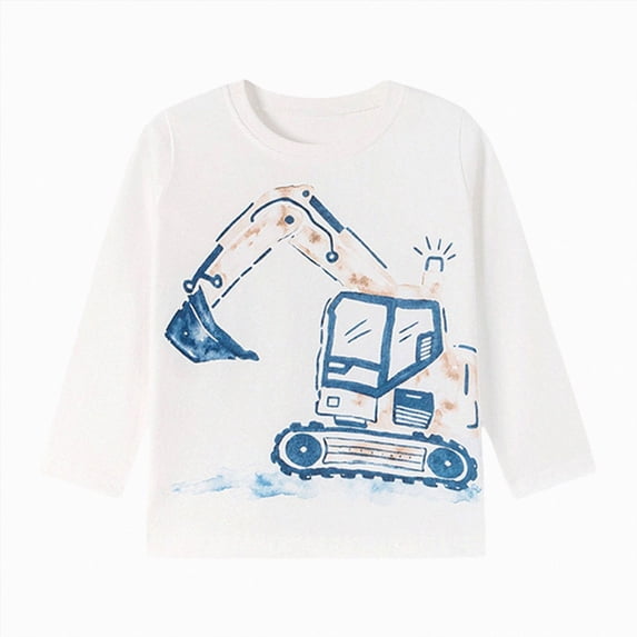 Futezty Toddler Boys Cute Graphic Shirts Kids Cotton Long Sleeve Crewneck Pullover Excavator Print Shirt 2T-7T