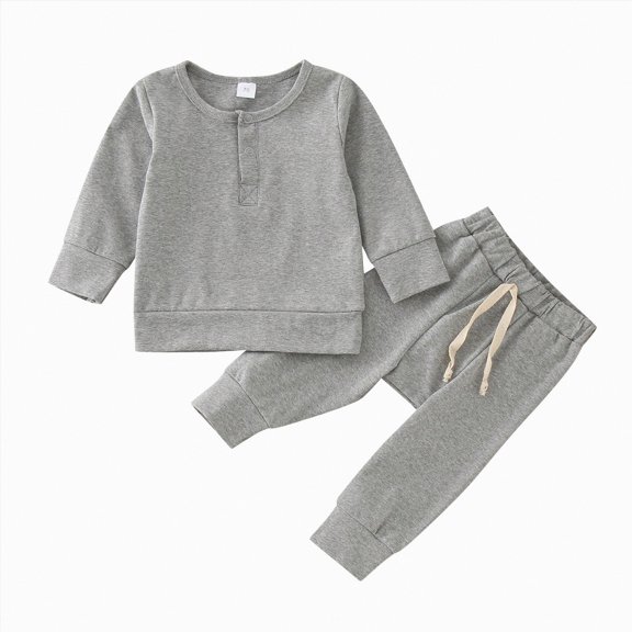 Futezty Toddler Boys Girls Clothes Fall Winter Outfit Sets, Baby Boy Girl Long Sleeved Crew Neck Button Front Stretch Waistband 1T 2T 3T 4T 5T 2PCS Top and Pants Set