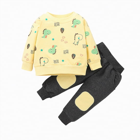 Futezty Toddler Boys Girls Clothes Fall Winter Outfit Sets, Kids Outfits Sets Long Sleeve Crew Neck Dinosaur Print Elastic Waist 0 6 12 18 24 Months 2T 3T 4T 2 Piece Playwear Set
