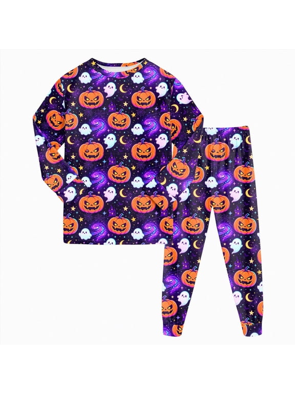 Toddler Boys Girls Pajamas Sets Halloween Pattern Kids 2 Piece Pj's Long Sleeve Crew Neck Tops and Pants Clothes Set Night Sleepwear 2T-9T