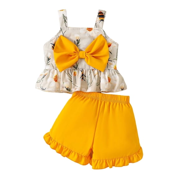 Futezty Toddler Clothing Set Sleeveless Print Round Neck Tops 2 Piece Outfits Sleeveless Bowknot Tank Top Shorts Set Summer Outfits Cute Baby Girl Clothes