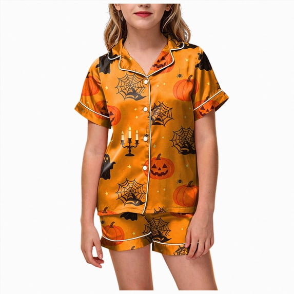 Futezty Toddler Girl Silk Halloween Pajamas Pumpkin Short Sleeve Button Down Shirt Shorts Fall Pjs Satin Pajamas 2T-13T