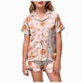 thumbnail image 1 of Futezty Toddler Halloween Pajamas Kids Pumpkin Ghost Print Satin Pajama Set Short Sleeve Button Down Sleepwear with Shorts Set Little Girl Clothes 3T-13T, 1 of 5