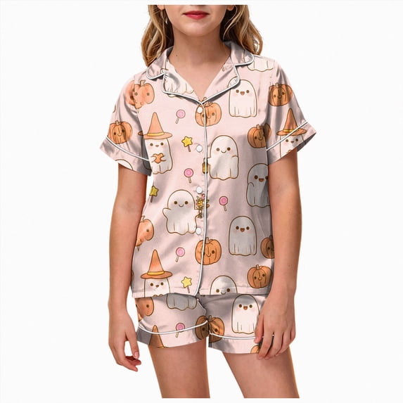Futezty Toddler Halloween Pajamas Kids Pumpkin Ghost Print Satin Pajama Set Short Sleeve Button Down Sleepwear with Shorts Set Little Girl Clothes 3T-13T