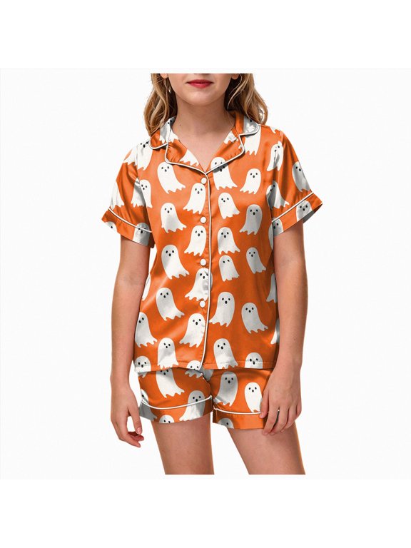 Toddler Halloween Pajamas Kids Pumpkin Ghost Print Satin Pajama Set Short Sleeve Button Down Sleepwear with Shorts Set Little Girl Clothes 3T-13T