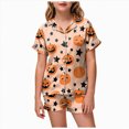 thumbnail image 1 of Futezty Toddler Halloween Pajamas Kids Pumpkin Ghost Print Satin Pajama Set Short Sleeve Button Down Sleepwear with Shorts Set Little Girl Clothes 3T-13T, 1 of 5