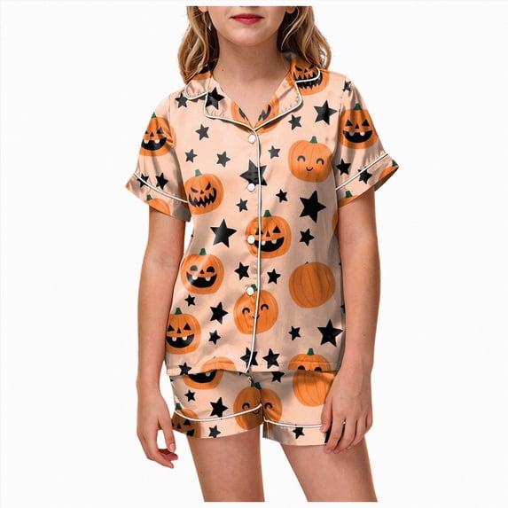Futezty Toddler Halloween Pajamas Kids Pumpkin Ghost Print Satin Pajama Set Short Sleeve Button Down Sleepwear with Shorts Set Little Girl Clothes 3T-13T