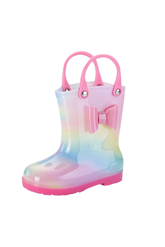 Toddler Kids Waterproof Rain Boots for Girls Rainbow Rain Shoes with Easy On Handles Girls Baby Non Slip Rain Boots Water Shoes Children's Cartoon Water Boots