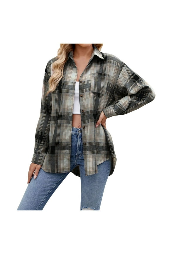 Women Button Down Flannel Shirts Plaid Shacket Long Sleeve Collared Business Casual Tops Work Blouses