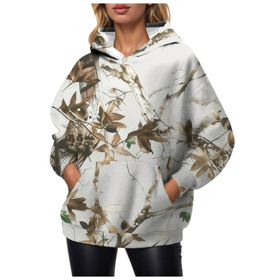 Futezty Women Camo Hoodies Print Oversized Long Sleeve Fall Sweatshirt Pullover with Kangaroo Pocket