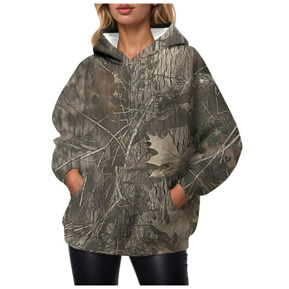 Futezty Women Camo Hoodies Print Oversized Long Sleeve Fall Sweatshirt Pullover with Kangaroo Pocket
