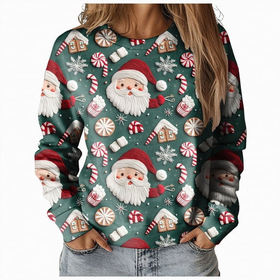 Futezty Women Christmas Sweatshirts 3D Digital Print Novelty Pullover Tops Funny Santa Xmas Tree Graphic Holiday Outfits