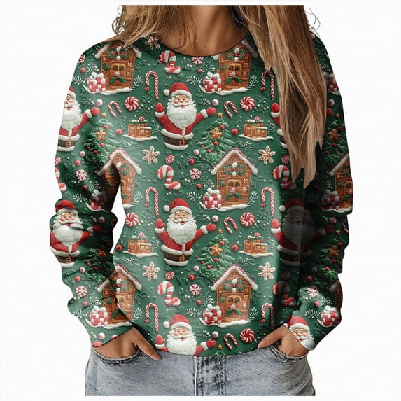 Futezty Women Christmas Sweatshirts 3D Digital Print Novelty Pullover Tops Funny Santa Xmas Tree Graphic Holiday Outfits