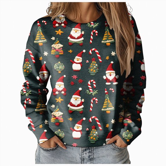 Futezty Women Christmas Sweatshirts 3D Digital Print Novelty Pullover Tops Funny Santa Xmas Tree Graphic Holiday Outfits