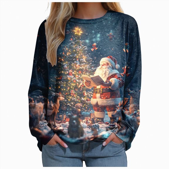 Futezty Women Christmas Tree Sweatshirt 3D Print Graphic Xmas Sweaters Crewneck Long Sleeve Shirt Pullover