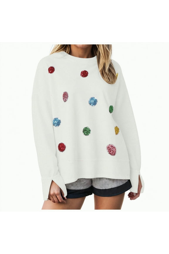 Women Cute Glitter Holiday Letter Sweaters Sequin Long Sleeve Tops Casual Round Neck Pullover Sweatshirts