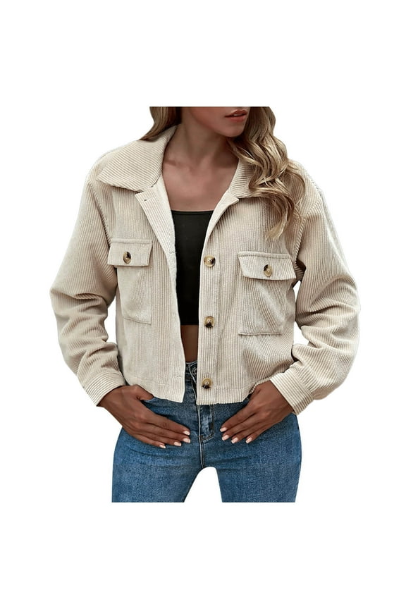 Women Fashion Cropped Shacket Button Down Corduroy Shacket Jackets Casual Plaid Long Sleeve Crop Jackets Tops