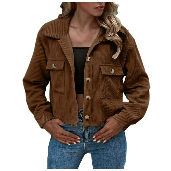 Futezty Women Fashion Cropped Shackets Corduroy Button Down Crop Jackets Tops Long Sleeve Shirts Trendy