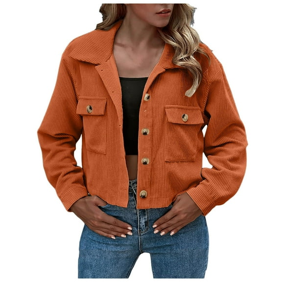Futezty Women Fashion Cropped Shackets Corduroy Button Down Crop Jackets Tops Long Sleeve Shirts Trendy