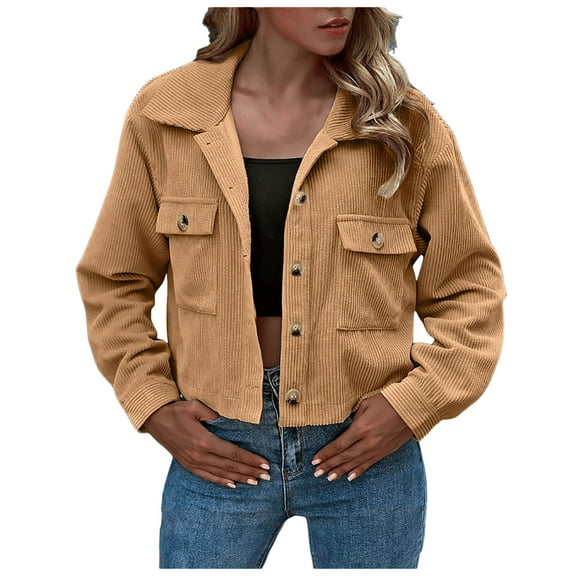 Futezty Women Fashion Cropped Shackets Corduroy Button Down Crop Jackets Tops Long Sleeve Shirts Trendy