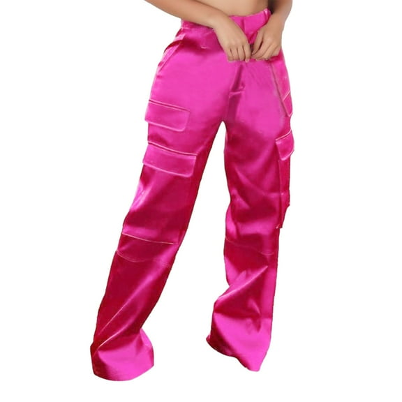 Futezty Women High Waisted Satin Cargo Pants Wide Leg Casual Pants Multi Pockets Straight Trousers
