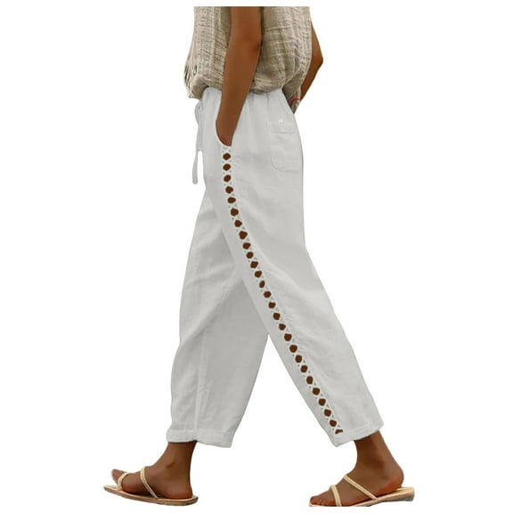 Futezty Women Linen Capri Pants with Drawstring Petite Beachwear Lightweight Elastic Waist Pants