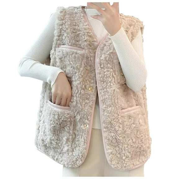 Futezty Women Outerwear Vests Fleece Jacket Cropped Sleeveless Winter Coat with Pockets(White,S)
