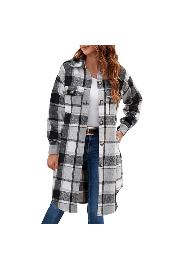 Women Plus Size Flannel Plaid Shirts Long Sleeve Lounge Lapel Boyfriend Button Down Tartan Long Jacket Coats