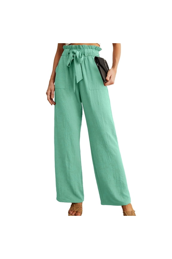 Women Wide Leg Pants with Pockets Lightweight High Waisted Adjustable Tie Knot Loose Trousers Flowy Summer Beach Lounge Pants