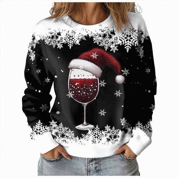 Futezty Women’s Christmas Sweatshirt Santa Hat Musical Note Printed Pullover Casual Holiday Long Sleeve Lightweight Workout Tops