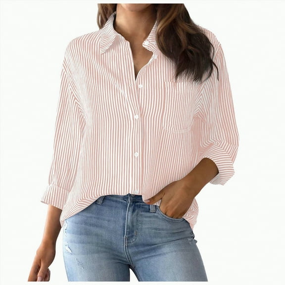 Futezty Womens Button Down Shirts Striped Classic Long Sleeve Collared Office Work Blouses Tops with Pocket Women's Button Down Shirts Long Sleeve Blouses Tops With Pocket