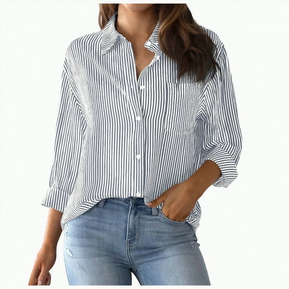 Futezty Womens Button Down Shirts Striped Classic Long Sleeve Collared Office Work Blouses Tops with Pocket Women's Button Down Shirts Long Sleeve Blouses Tops With Pocket
