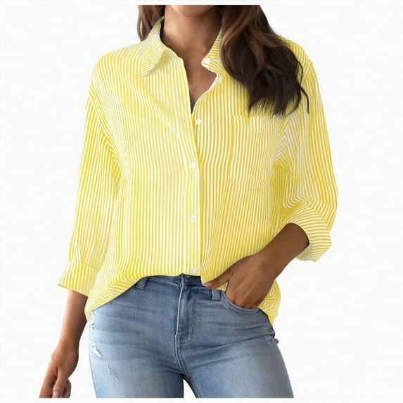 Futezty Womens Button Down Shirts Striped Classic Long Sleeve Collared Office Work Blouses Tops with Pocket Women's Button Down Shirts Long Sleeve Blouses Tops With Pocket