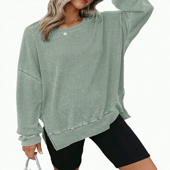 Futezty Womens Long Sleeve Tops Oversized Sweatshirts Waffle Knit Crew Neck Fashion Side Slits Casual Pullover Women's Long Sleeve Top Loose Round Neck Sweatshirt
