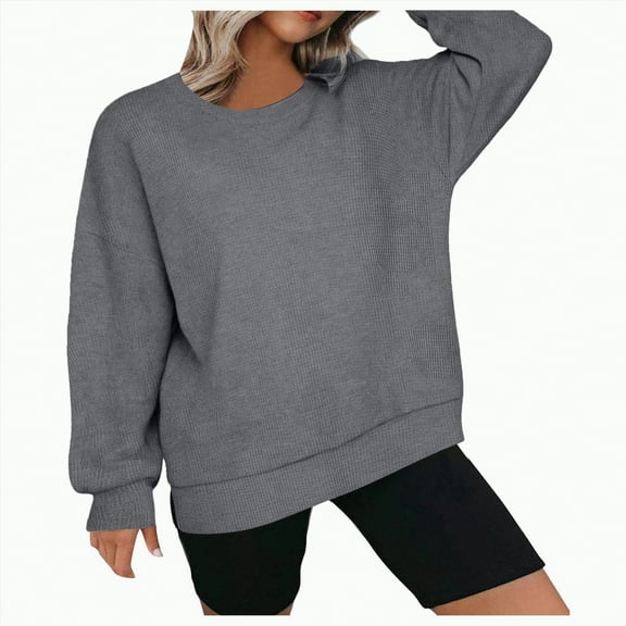 Futezty Womens Long Sleeve Tops Oversized Sweatshirts Waffle Knit Crew Neck Fashion Side Slits Casual Pullover Women's Long Sleeve Top Loose Round Neck Sweatshirt