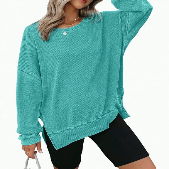 Futezty Womens Long Sleeve Tops Oversized Sweatshirts Waffle Knit Crew Neck Fashion Side Slits Casual Pullover Women's Long Sleeve Top Loose Round Neck Sweatshirt