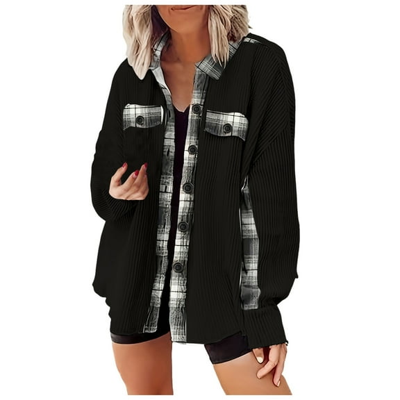 Futezty Womens Waffle Knit Plaid Shacket Boyfriend Button Down Shirt Jacket Loose Long Sleeve Tops