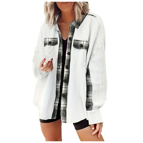 Futezty Womens Waffle Knit Plaid Shacket Boyfriend Button Down Shirt Jacket Loose Long Sleeve Tops